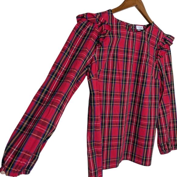 J. Crew Red Tartan Plaid Ruffle Flutter Shoulder Top XS Long Sleeve AT885 - Picture 6 of 12